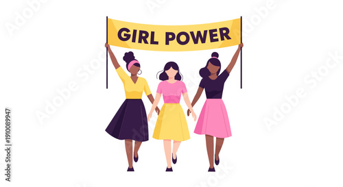 United diverse women advocating for female empowerment, gender equality, and rights, marching with a banner symbolizing collective strength and solidarity