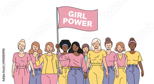 Illustration of a diverse group of women marching together with a 'Girl Power' flag, symbolizing feminism and female empowerment