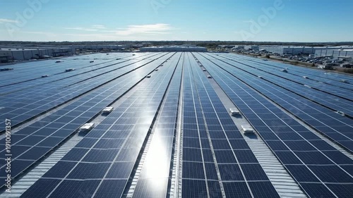 Extensive solar panel array covers a large industrial building roof, generating