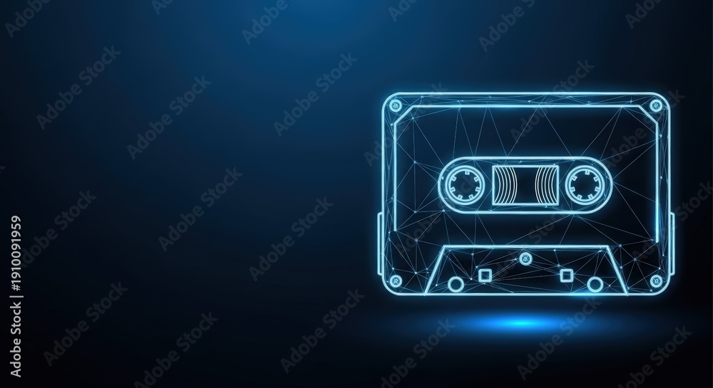 Fototapeta premium Stylized neon blue wireframe cassette tape glowing against a dark abstract background