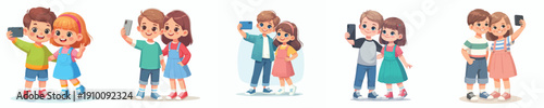 vector two children standing happily taking selfie together