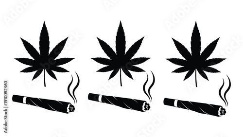Three cannabis leaves with three smoking cigarettes underneath each isolated on white background, Vector