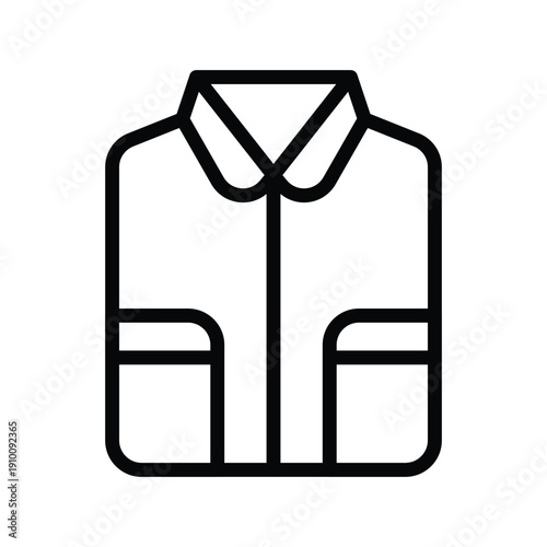 A minimalist black and white line drawing representing a collared shirt with two pockets. Fashion and Taylor things single line icon UI design.
