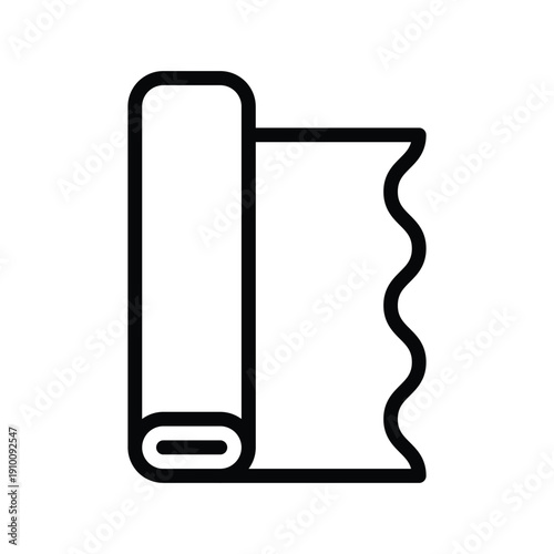 A minimalist line drawing depicts a roll of fabric with a wavy edge, symbolizing textiles and materials. Fashion and Taylor things single line icon UI design.