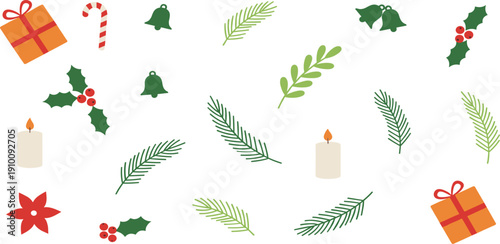 Christmas botanical set with evergreen sprigs holly berries candles and gifts in a flat vector style