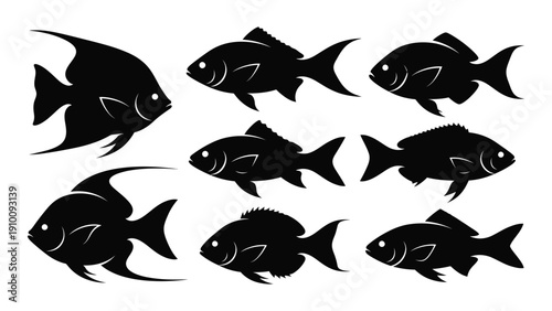 Eight distinct black fish silhouettes arranged in a grid pattern isolated on white background, Vector