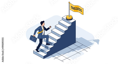 A businessman climbing stairs towards a success flag, representing career progression and achievement.