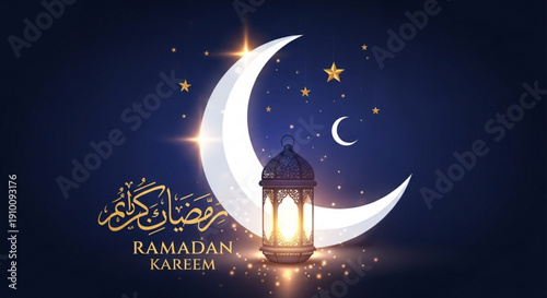 Ramadan kareem greeting card with crescent moon lantern and stars on dark blue background islamic holiday symbol