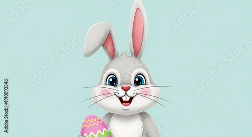 Happy cartoon easter bunny with colorful egg on light blue background smiling and cheerful