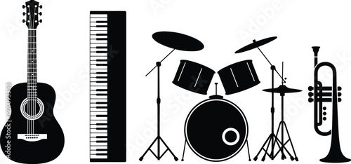 Black Musical Instrument Silhouette Set Featuring Acoustic Guitar Piano Keyboard Drum Kit and Trumpet Icons for Live Music Band Performance Graphics