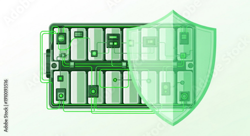 Secure server room with green shield protecting computer equipment and data storage
