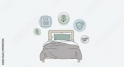 Cozy bedroom with comfort symbols floating above representing relaxation and wellness in a serene environment with a bed pillow and soothing colors