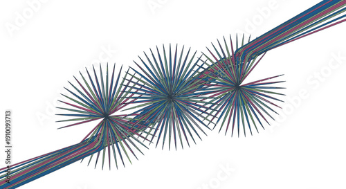 Abstract illustration of three interconnected radial forms, made of colorful lines on white, symbolizing digital data flow, network connections, and modern tech.