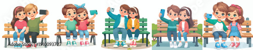 vector two children sitting on park bench happily taking selfie together
