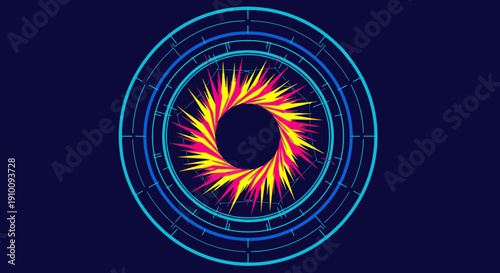 A vibrant abstract energy burst with colorful rays emanating from a dark core, surrounded by futuristic concentric blue digital rings on a deep blue background.