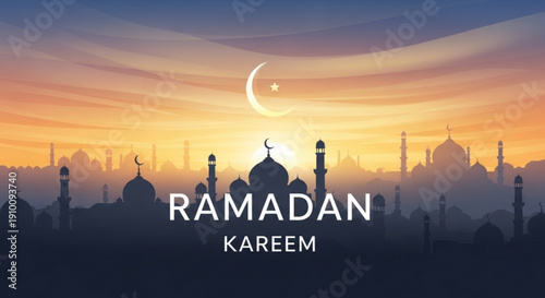 Ramadan kareem greeting card with mosque silhouette at sunset crescent moon and warm orange sky