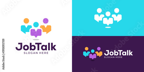 Creative simple job talk logo template. Person human people with bubble chat, teamwork, leadership partner logo design vector illustration.