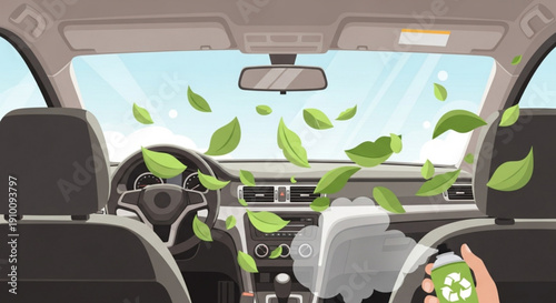 Eco friendly car interior with leaves floating in symbolizing sustainable driving and recycling concept