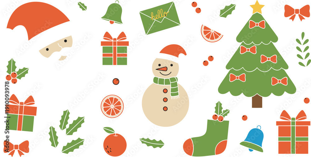 Fototapeta premium Christmas icon set with Santa snowman decorated tree gifts and holly in a festive flat vector style,