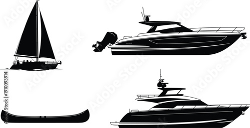Black silhouette collection of luxury yacht, modern motorboat, sailboat, and rowing canoe isolated on white background for marine transportation and nautical design