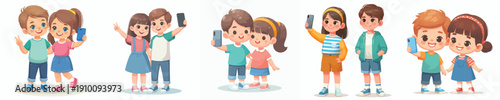 vector two children standing happily taking selfie together