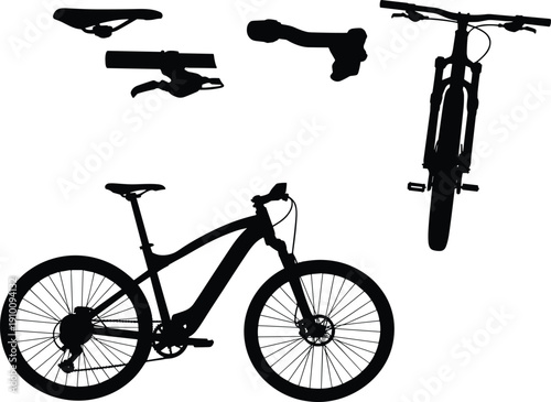 Black silhouette collection of modern mountain bike with front and side view plus bicycle parts for sports and outdoor cycling