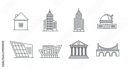 Collection of diverse architectural building line art icons.