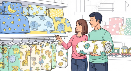Couple shopping for baby blankets and clothes in store choosing nursery bedding