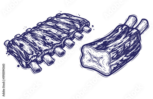 Grunge texture ribs and a single rib on a white background for barbecue or food related concepts  meat dishes Vintage Style