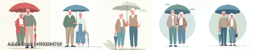 vector old couple standing with umbrella together