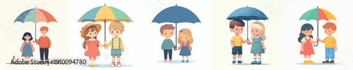 vector two children standing with umbrella together