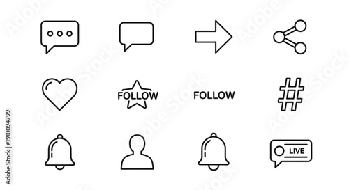 A flat lay of various social media icons on a clean white background, conveying a theme of communication and online networking.
