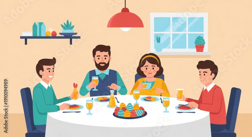 Family enjoying breakfast together at home with food and drinks on table