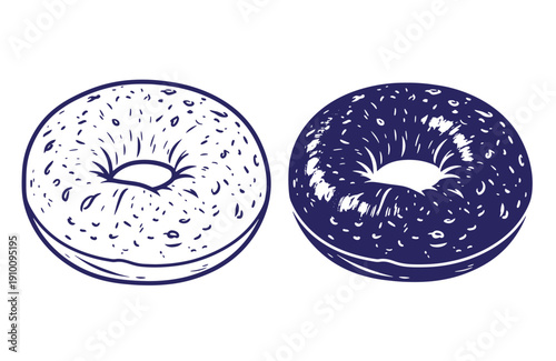 Grunge texture Two bagels one light and one dark with sesame seeds on white background Vintage Style