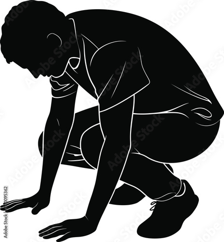 Black silhouette of a young man crouching on the ground in a starting position isolated on white background for sports design