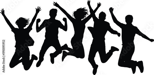 Black silhouette of five happy friends jumping high in the air with arms raised celebrating success freedom and youthful energy