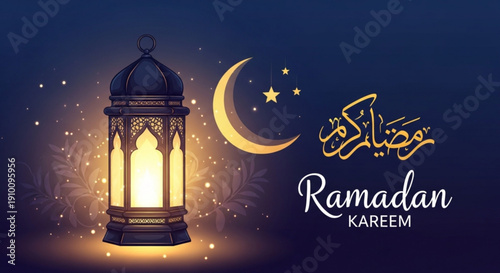 Ramadan kareem greeting card with lantern crescent moon and stars on dark blue background for muslim holiday