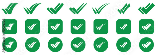 Check box icon with correct, accept checkmark icons green tick box, check list circle frame. Checkbox symbol sign. check mark box square frame. Green check mark icon in a box. Correct vote choice. 