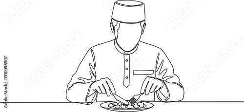 Minimalist continuous one line drawing of a Muslim man in traditional cap eating dinner for Ramadan concept.