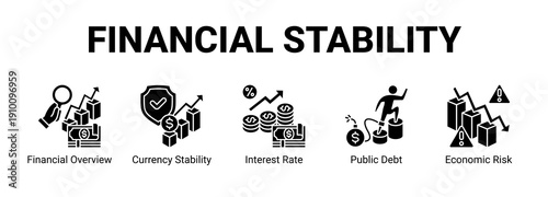 Financial Stability web banner icon concept, with Financial Overview, Currency Stability, Interest Rate, Public Debt.
