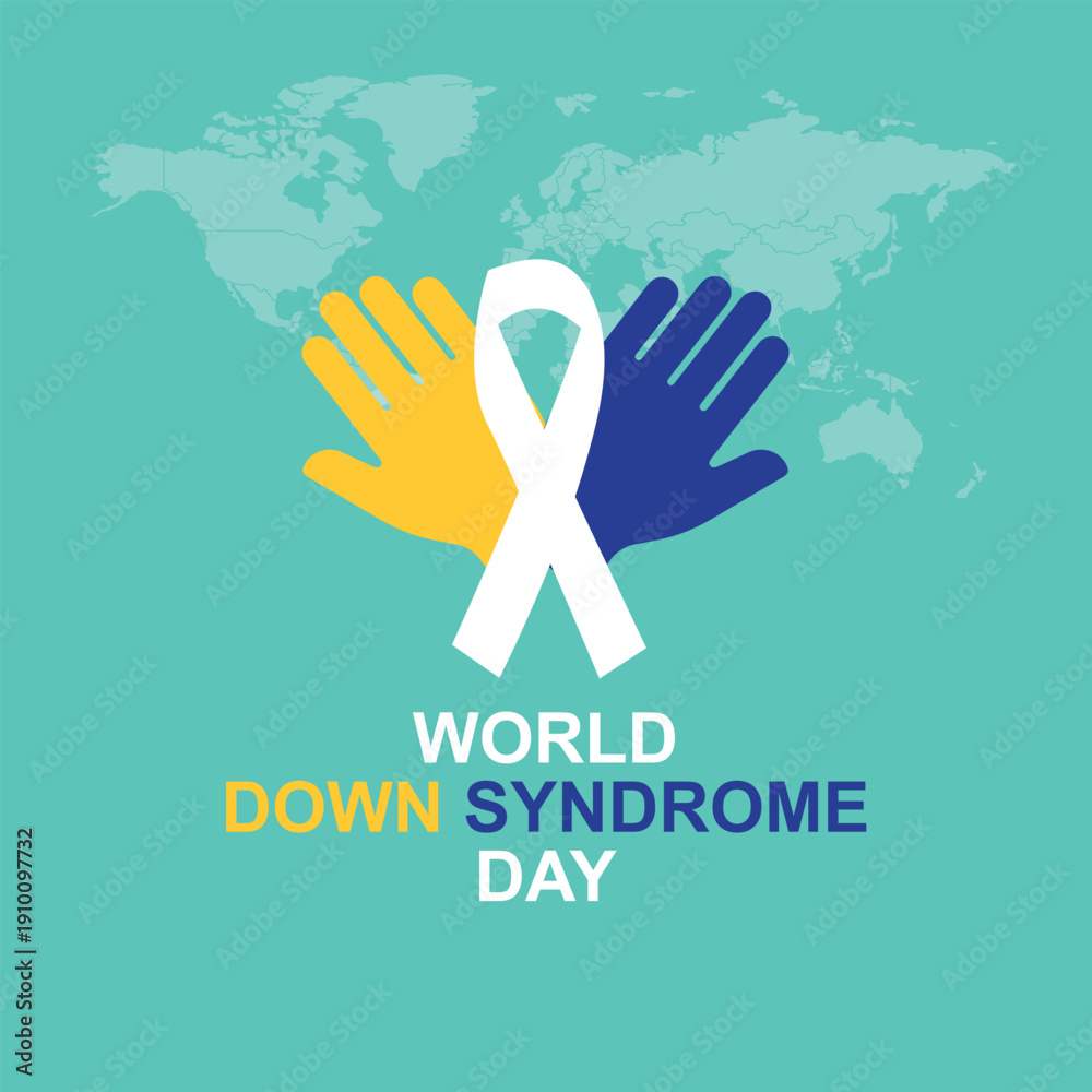 Fototapeta premium World Down Syndrome Day. 21 march World Down Syndrome day celebration flyer with a white ribbon and two gloves in yellow and blue colour. Down Syndrome day theme End The Stereotypes. vector file.