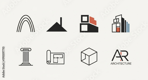 Collection of architectural symbols and icons representing design and construction.