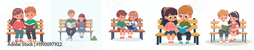 vector two children sitting on a park bench reading a book together