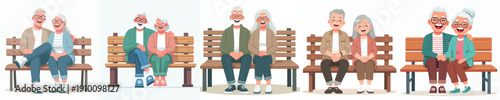 vector old couple sitting on a park bench laughing together