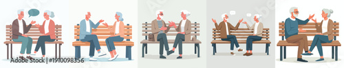 vector old couple sitting on a park bench talking together