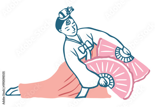 Korean Fan Dance Buchaechum with Hanbok, Traditional Cultural Performance Illustration