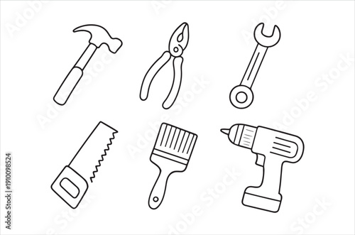 Simple line drawing depicts common hand tools including a hammer pliers and drill