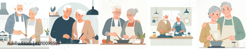 vector half body of old couple cooking in the kitchen together