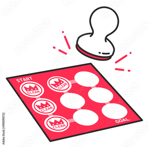 スタンプラリーの参加用紙にクリアの判子を押すシーンのイラスト