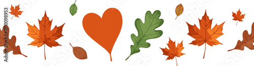 Horizontal autumn leaf border with orange maple leaves oak leaves and heart shaped foliage in flat vector style,